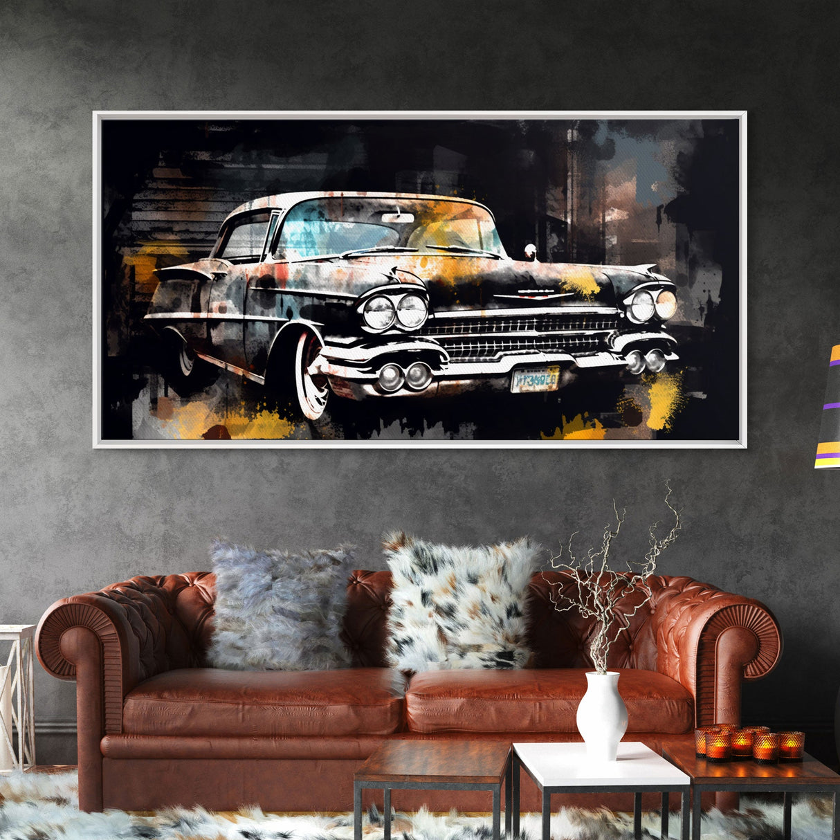 Vintage Car Wall Decor, Retro Car Wall Art, Garage Wall Art, Grunge Art, Panoramic Wall Decor, Canvas Print, Wall Art, Framed Canvas Art