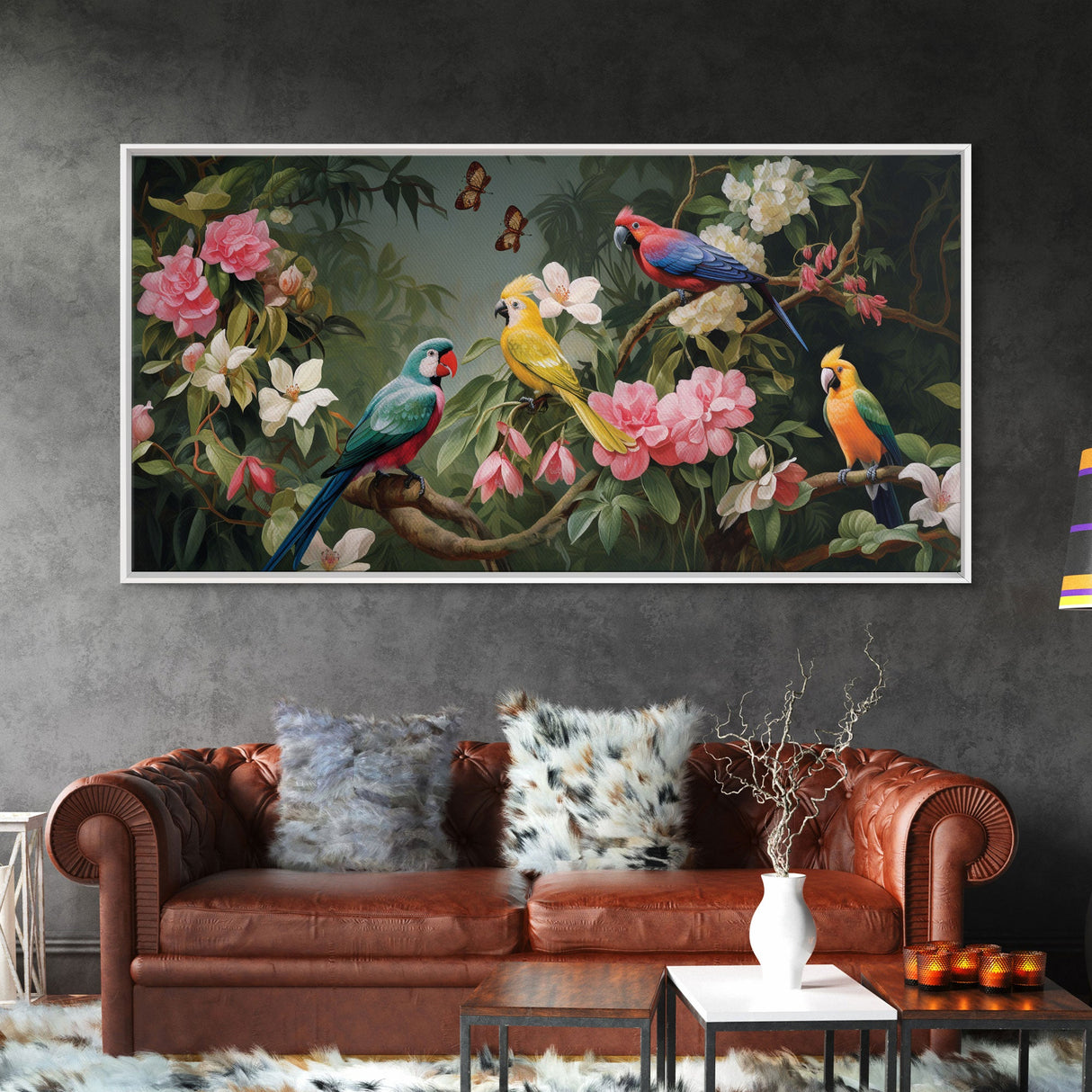 Flowers Wall Art, Animal Wall Art, Bird Art Print, Parrot Painting, Panoramic Art, Wall Art, Canvas Art, Landscape Art, Client Gift, Office