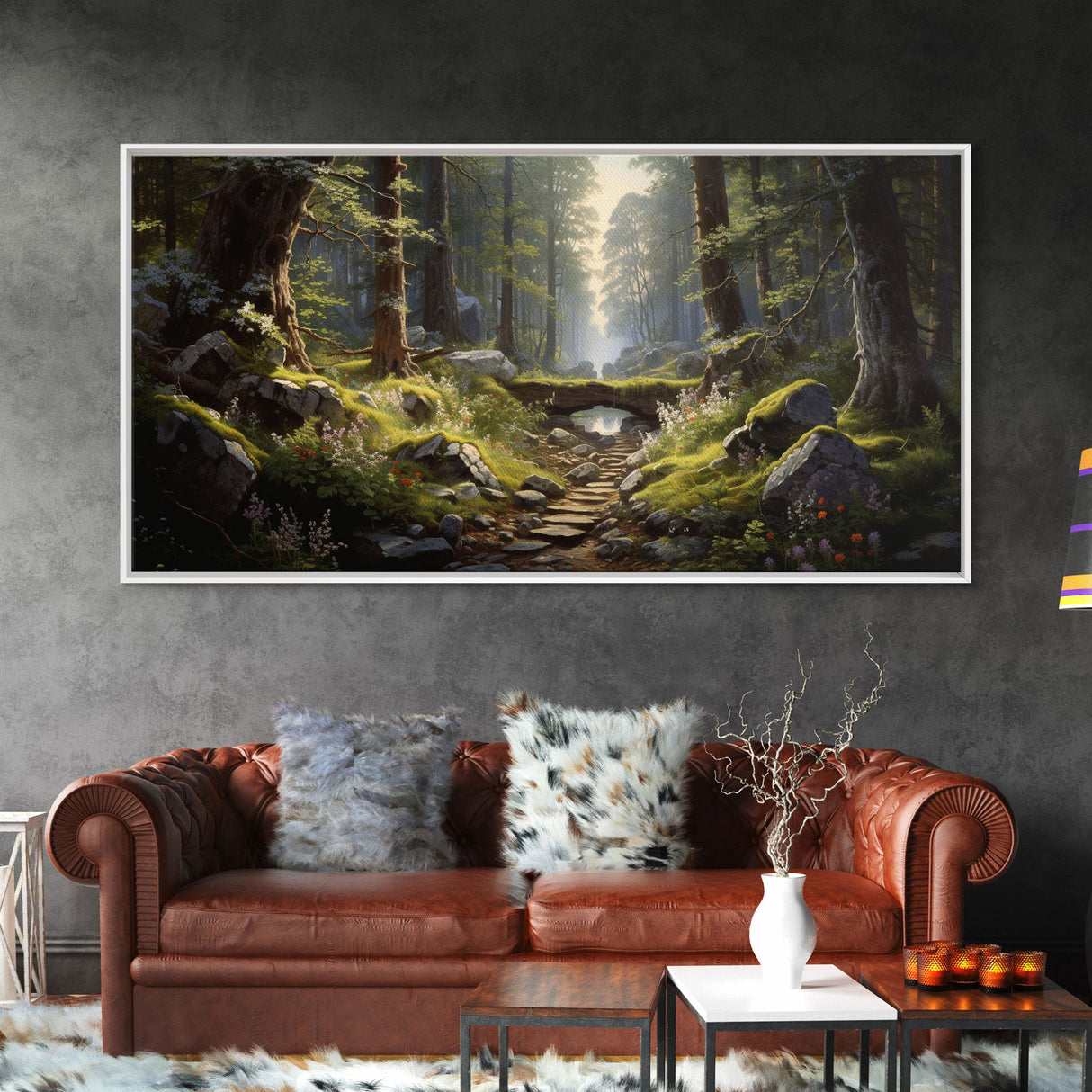 SlightlyScorched Framed Canvas Print Emerald Green Fantasy Forest, Mountain Forest Lake Landscape Minimalist Modern Art Nature Wall Decor