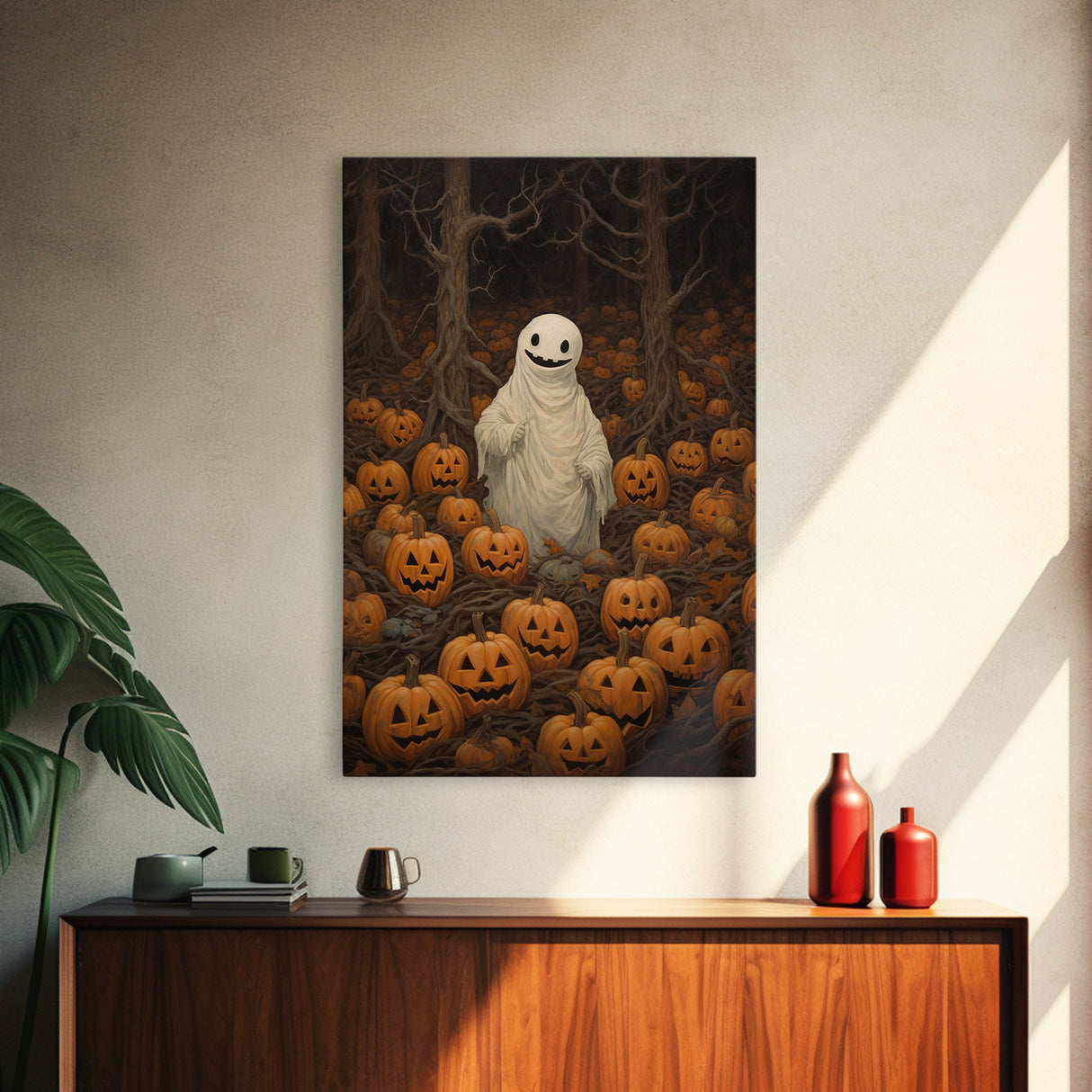 Fall Omens - Spooky Ghost In A Pumpkin Patch, Halloween Decor, Fall Art, Framed Canvas Print, Spooky Halloween Decor