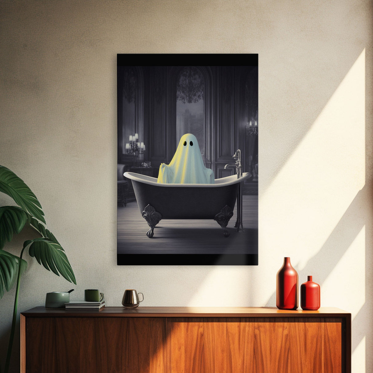 Funny Ghost In a Bathtub Halloween Decor, Halloween Art Canvas Print, Spooky Ghost Wall Art, Fall Decoration, Halloween wall decor