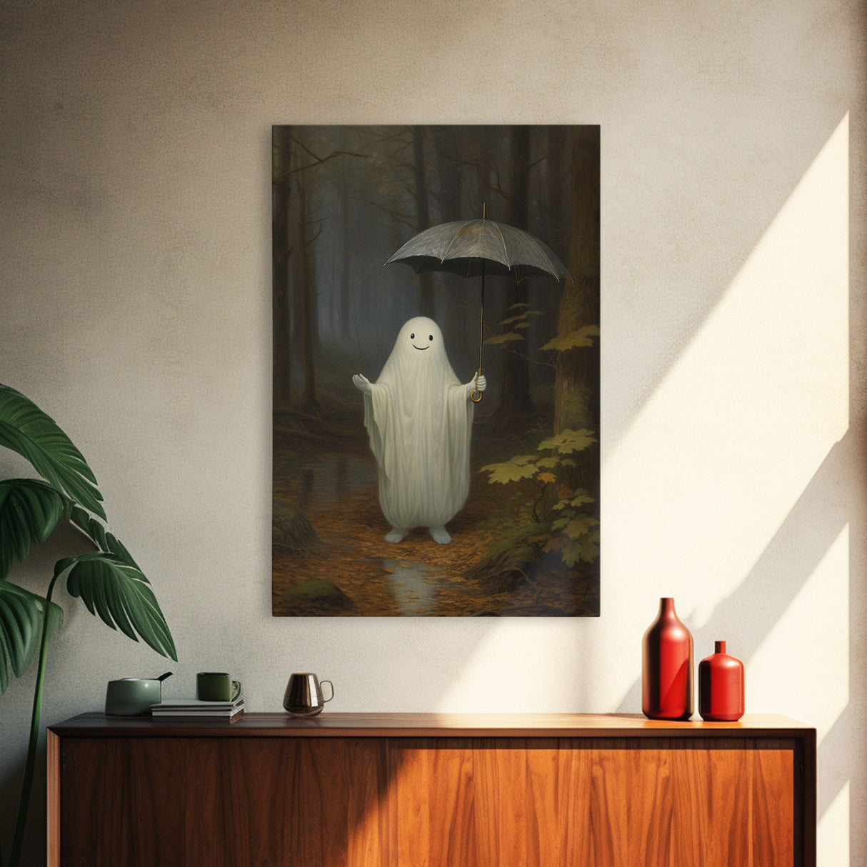 Goofy Ghost In The Rain,  Vintage Halloween Canvas, Framed Canvas Print, Cute Wall Art, Who's Haunting Who?
