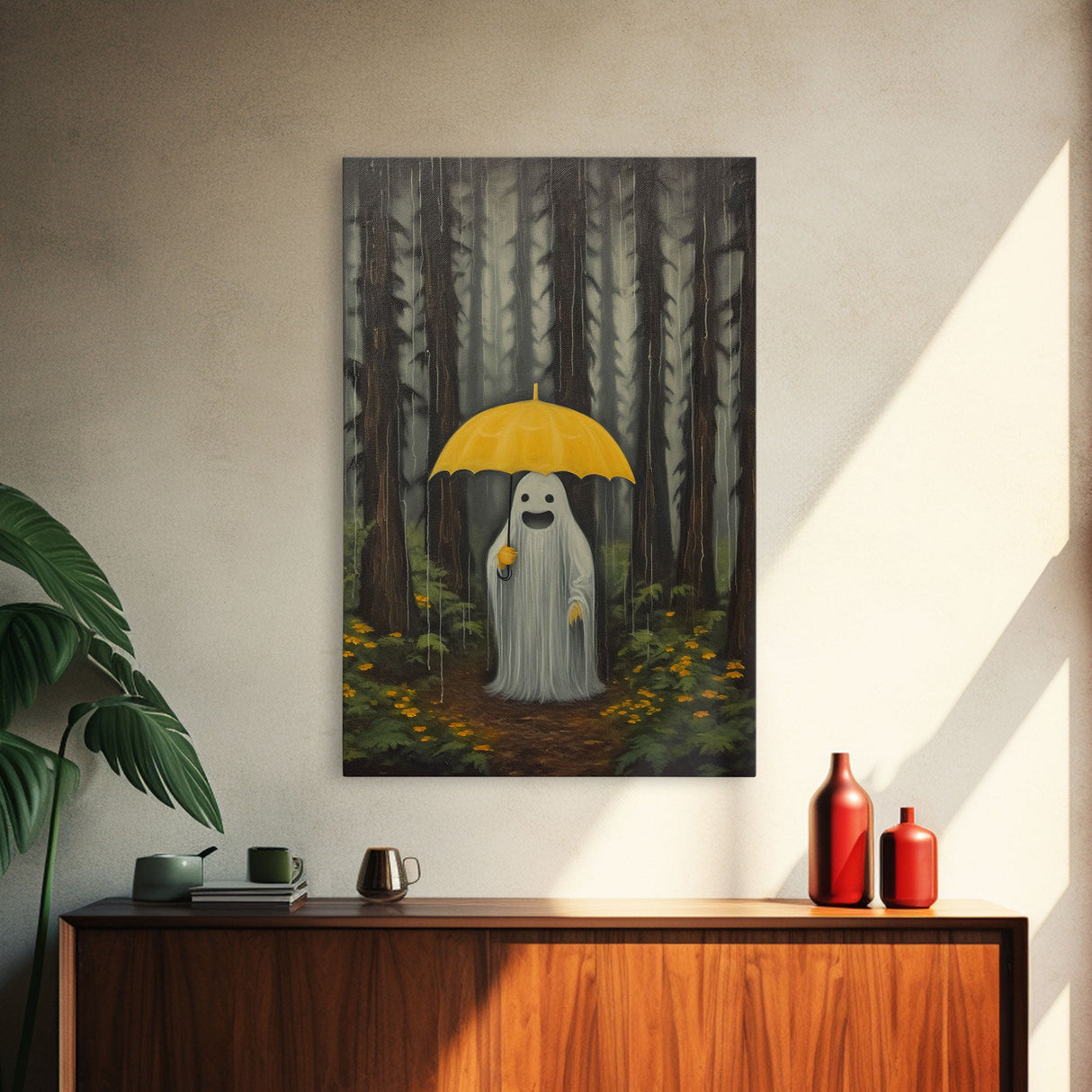 Happy Ghost In The Rain,  Vintage Halloween Canvas, Framed Canvas Print, Cute Wall Art, Who's Haunting Who?