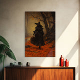 The Witch, Witch Decor, Halloween Witch, Framed Canvas, Retro Hallowen Wall Art, Halloween Canvas, Witch Painting, Fall Decor, Fall Leaves
