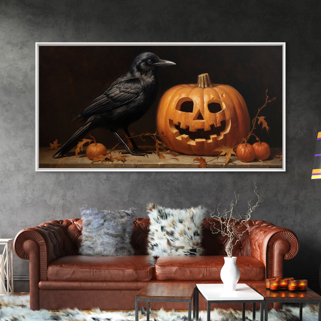 Spooky Crow Print, The Raven and The Jack O Lantern, Halloween Wall Art, Victorian Oil Painting