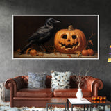 Spooky Crow Print, The Raven and The Jack O Lantern, Halloween Wall Art, Victorian Oil Painting