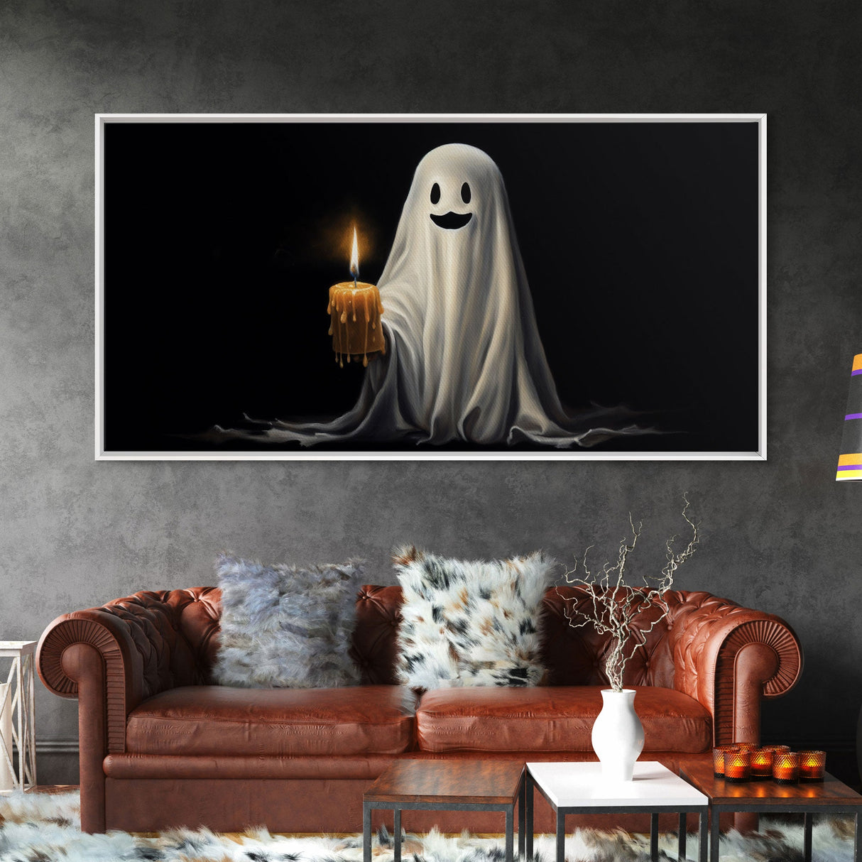 Silly Ghost Holding A Candle, Framed Canvas Print, Dark Academia Wall Art, Victorian Oil Painting Style Halloween Wall Art, Ghost Print