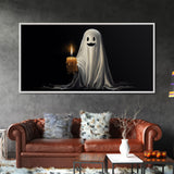 Silly Ghost Holding A Candle, Framed Canvas Print, Dark Academia Wall Art, Victorian Oil Painting Style Halloween Wall Art, Ghost Print