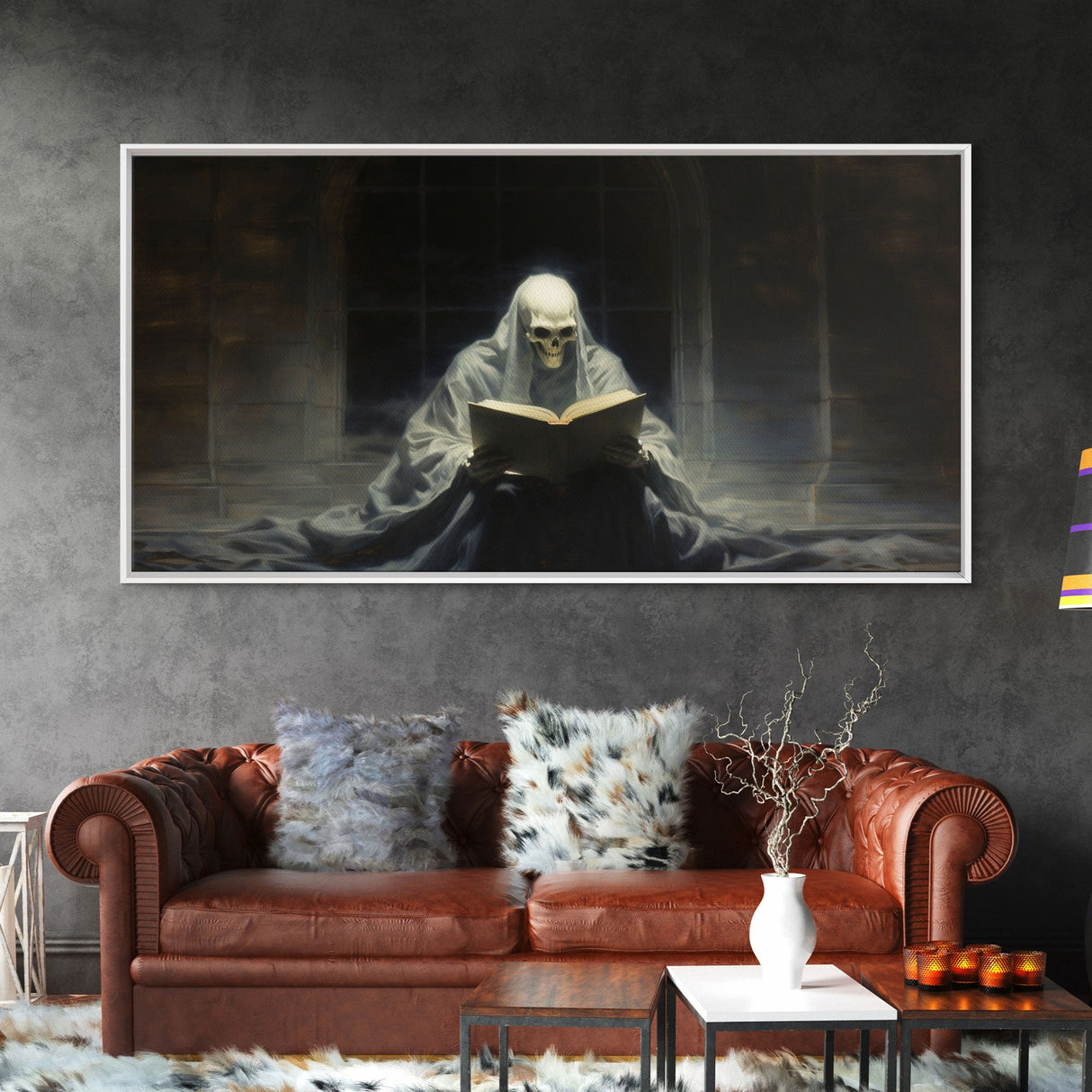 Grim Reaper Reading A Book In A Haunted Library, Framed Canvas Print, Victorian Oil Painting Style, Spooky Halloween Decor, Goth Art
