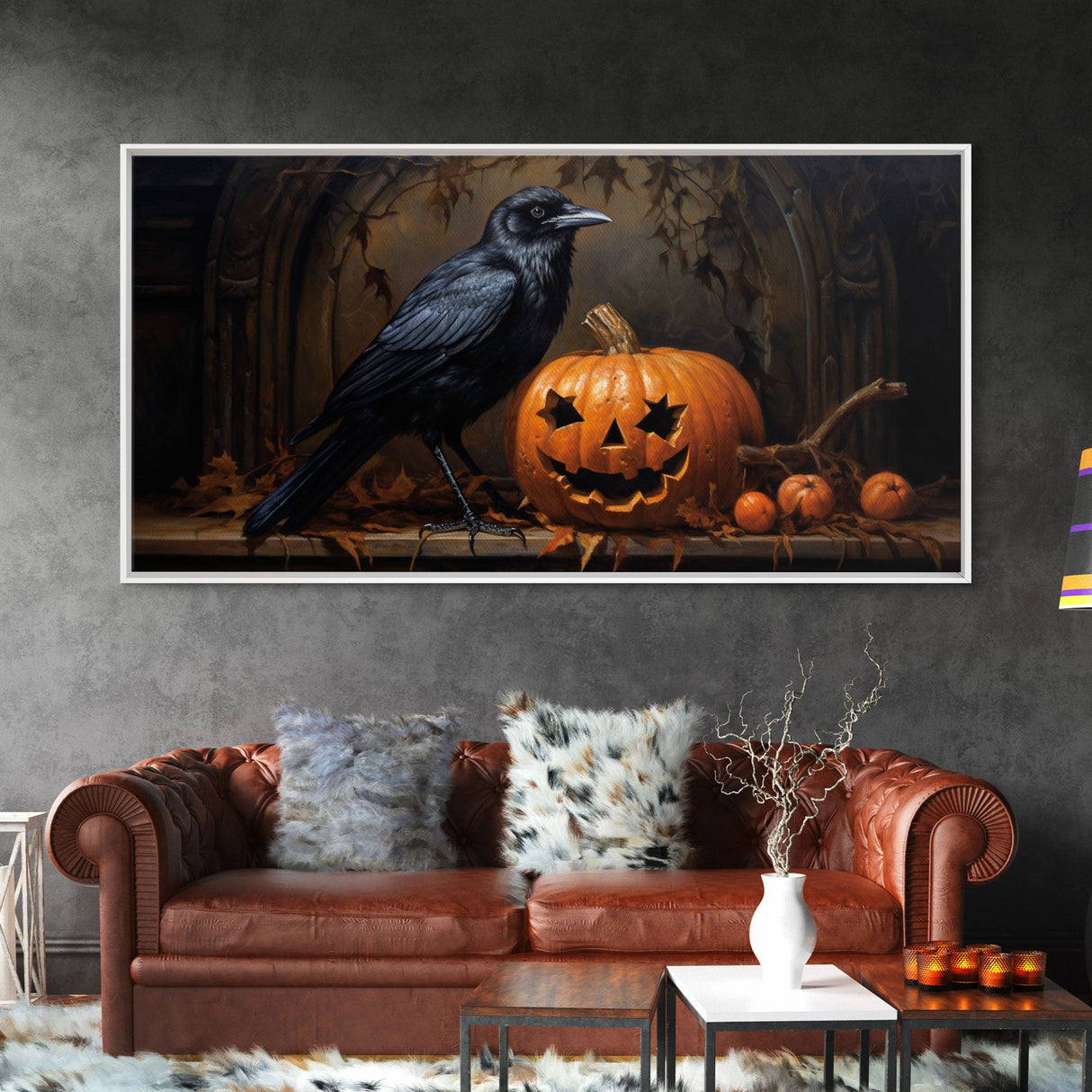 Spooky Crow Print, The Raven and The Jack O Lantern, Halloween Wall Art, Victorian Oil Painting, Dark Academia, Goth Art