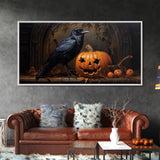 Spooky Crow Print, The Raven and The Jack O Lantern, Halloween Wall Art, Victorian Oil Painting, Dark Academia, Goth Art