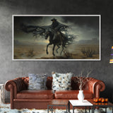 Ghost Cowboy Art, Framed Canvas Print, Halloween art, spooky decor, cowboy art, western decor, grim reaper on a horse in the desert
