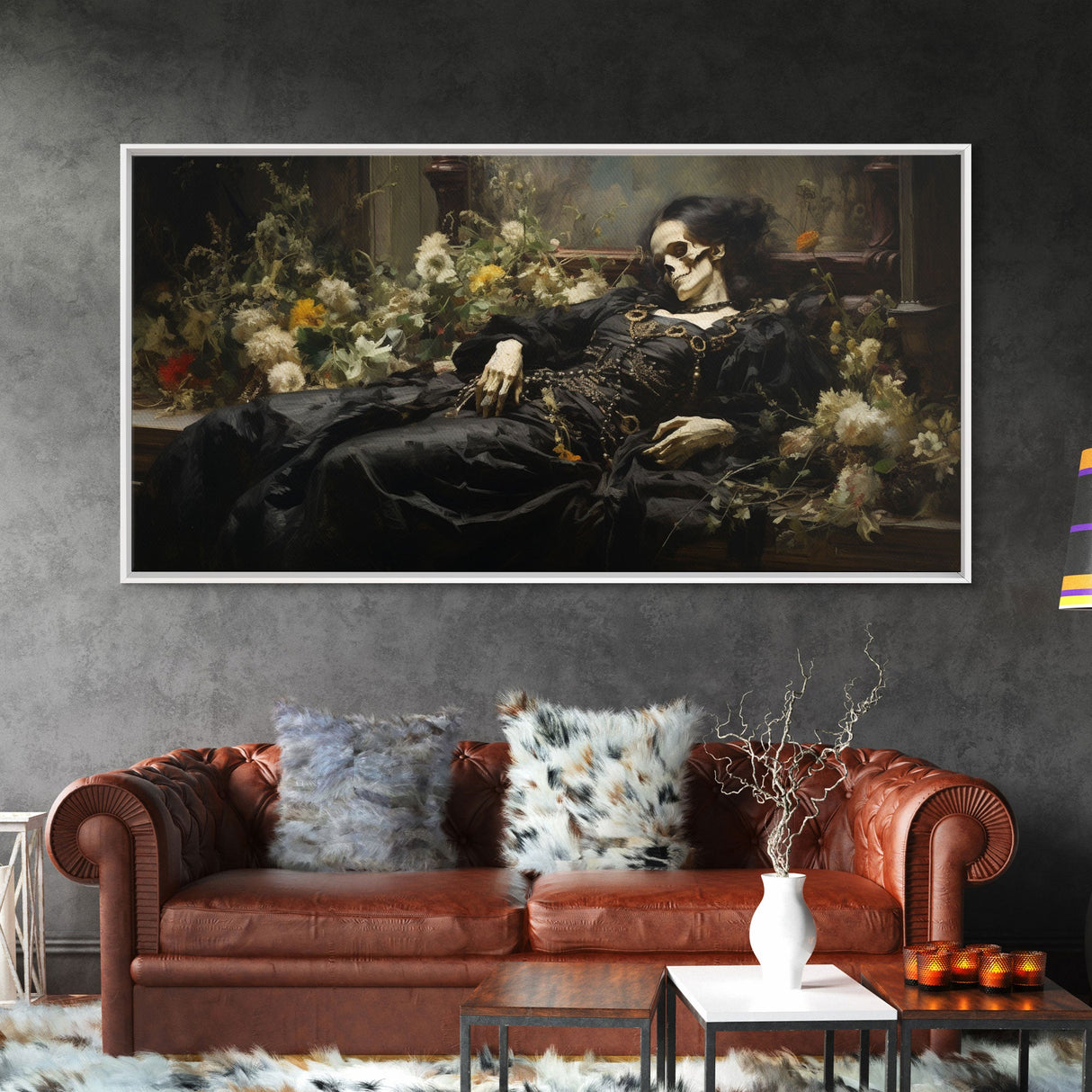 I'll Just Take A Quick Nap, Framed Canvas Print, Creepy Victorian Oil Painting, Halloween Art Prints, Skeleton Painting