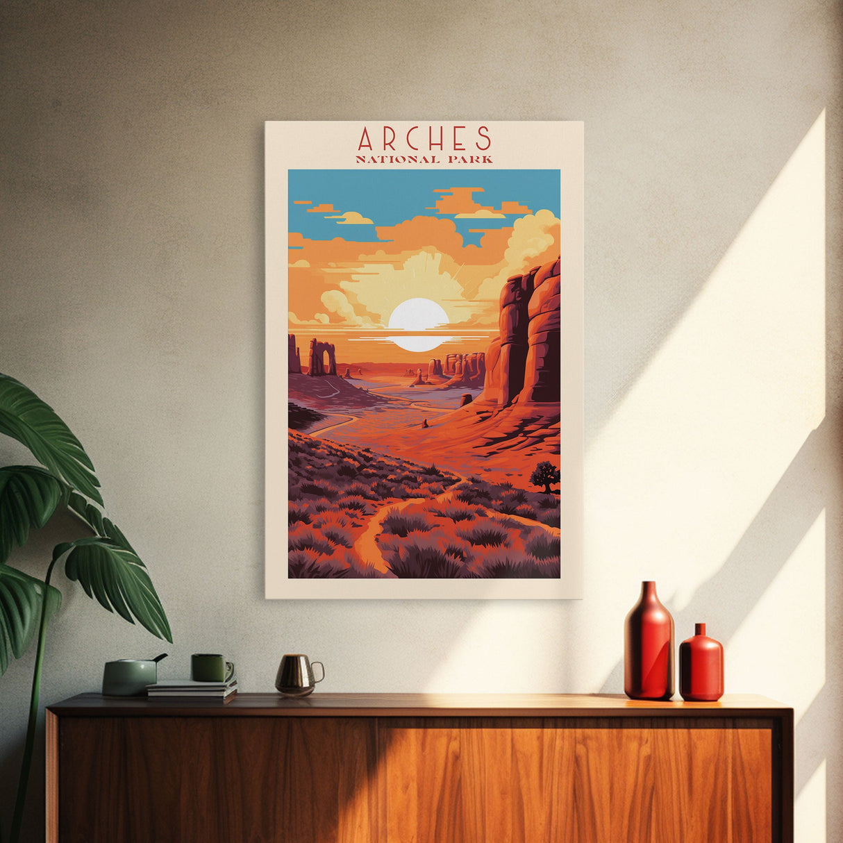 Arches National Park Utah Travel Art, National Park Print, Minimalist Travel Art, Midcentury Modern Style Landscape Painting