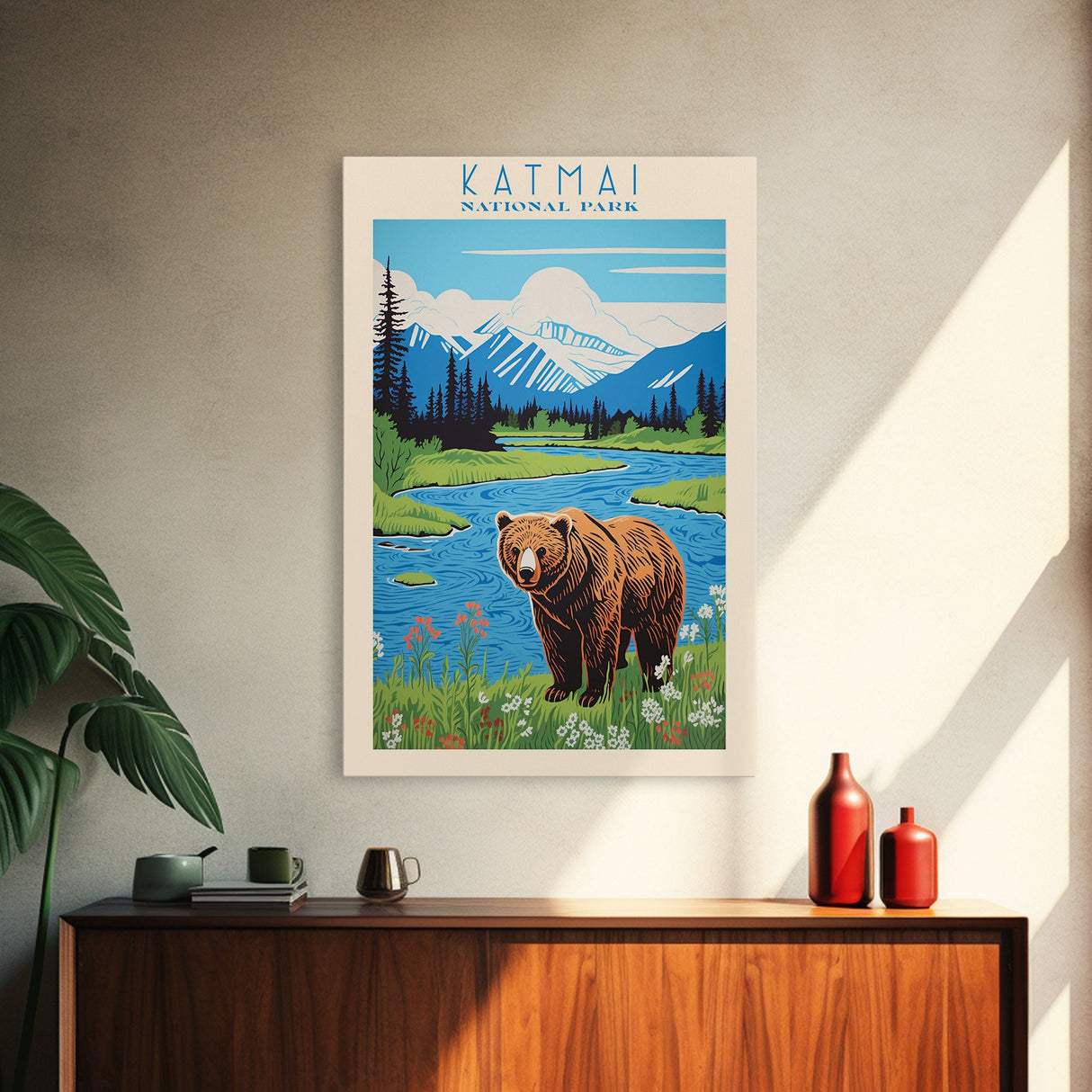 Katmai National Park, Alaska Travel Art, National Park Print, Minimalist Travel Art, Midcentury Modern Retro Style Landscape