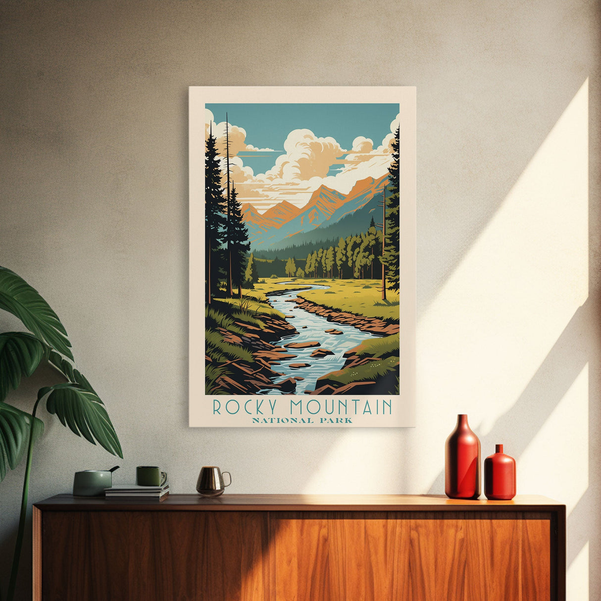 Rocky Mountains National Park Colorado Travel Art, National Park Print, Minimalist Travel Art, Midcentury Modern Style Landscape Painting