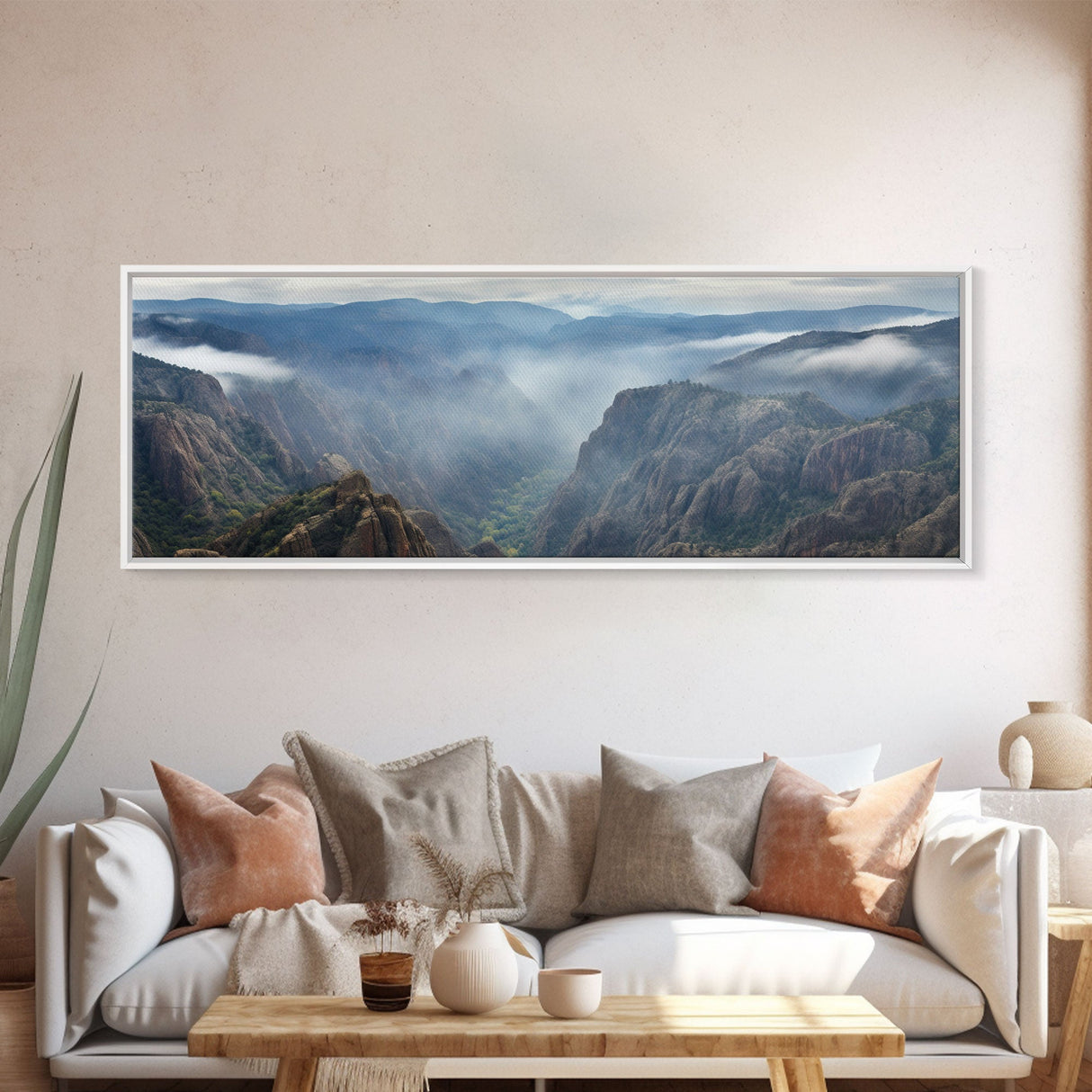 Ultrawide Panoramic Watercolor Landscape Painting Of A Desert Canyon, Framed Canvas Print, Subdued Boho Minimalist Wall Art, Guest Room Art