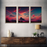 Outrun Style Sunset Over The Mountains, 3 Piece Wall Art, Ready To Hang Canvas Print, Cool Unique Living Room Wall Art Decor