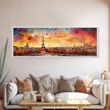 Eiffel Tower Abstract Paris France Panoramic Framed Canvas Print, Van Gogh Inspired Original Painting, Colorful Wall Art
