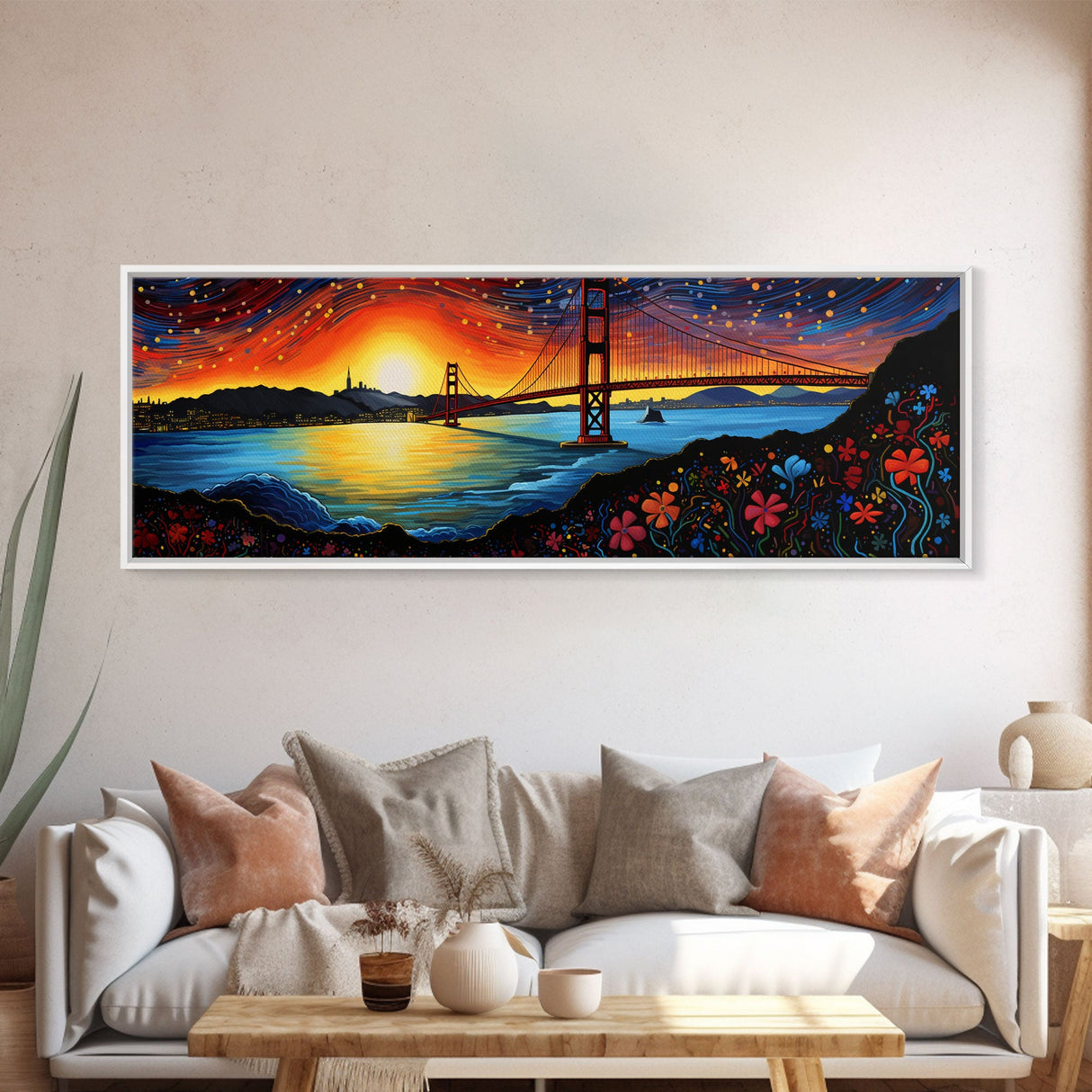 Golden Gate Bridge San Francisco Abstract Panoramic Framed Canvas Print, Van Gogh Inspired Original Painting, Colorful California Wall Art