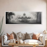 Creepy Carousel / Merry Go Round Wall Art, Framed Canvas Print, Black And White Art