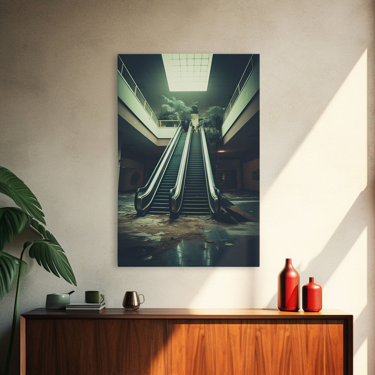 Escalator, Abandoned Building, Moody Wall Art, Horror Art Print, Canvas Print, Wall Hanging, Portrait Art, Nerdy Home Decor, Bedroom Prints