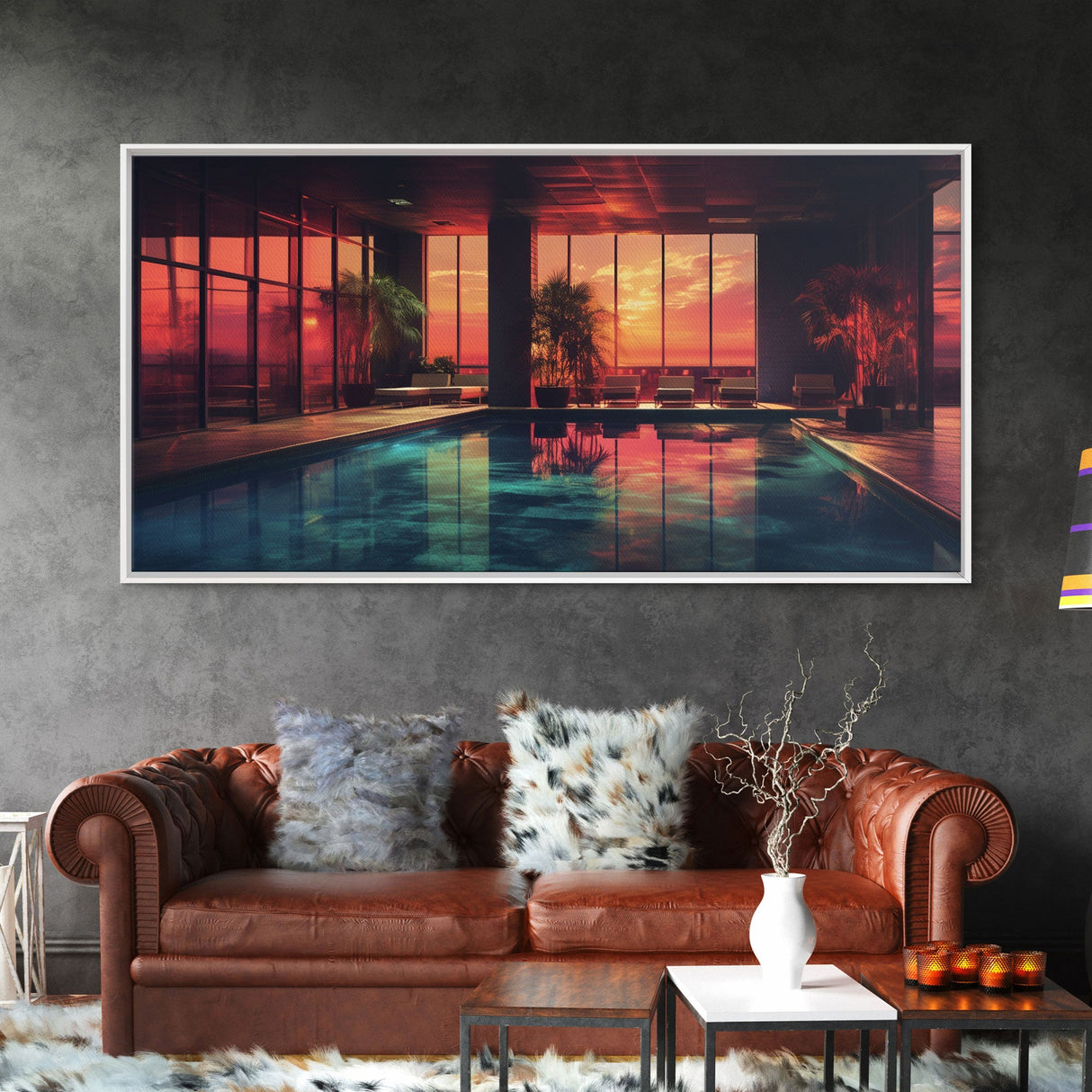 Midcentury Modern Wall Art, Framed Canvas Print, Retro MCM Decor, Minimalist Decor, Sunset Over An Indoor Pool, Eclectic Architecture Art
