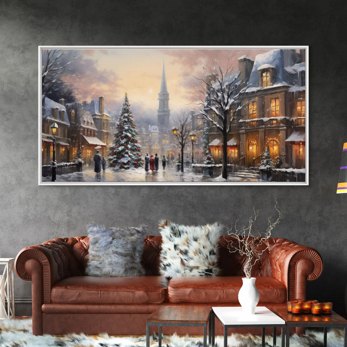 Christmas Village Winter Wonderland Canvas Print, Framed Wall Art, Christmas Decor, Retro Christmas Oil Painting, Christmas Art