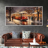 Retro Red Trolley Car Decorated For Christmas, Framed Canvas Print, Christmas Wall Art, Christmas Decor Mom Christmas Gift Christmas Village