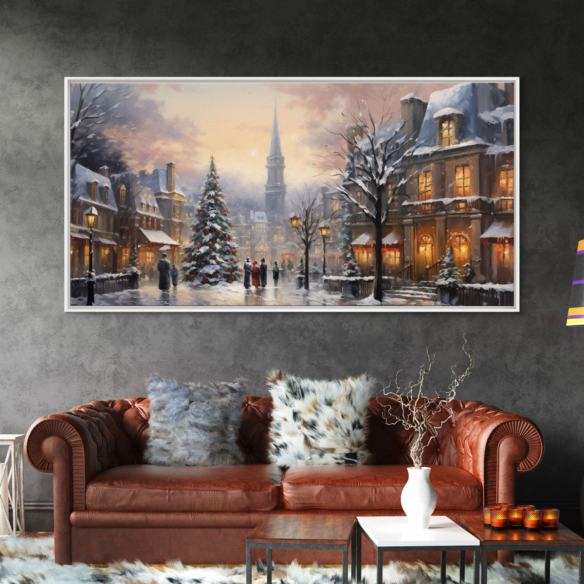 Christmas Village Winter Wonderland Canvas Print, Framed Wall Art, Christmas Decor, Retro Christmas Oil Painting, Christmas Art