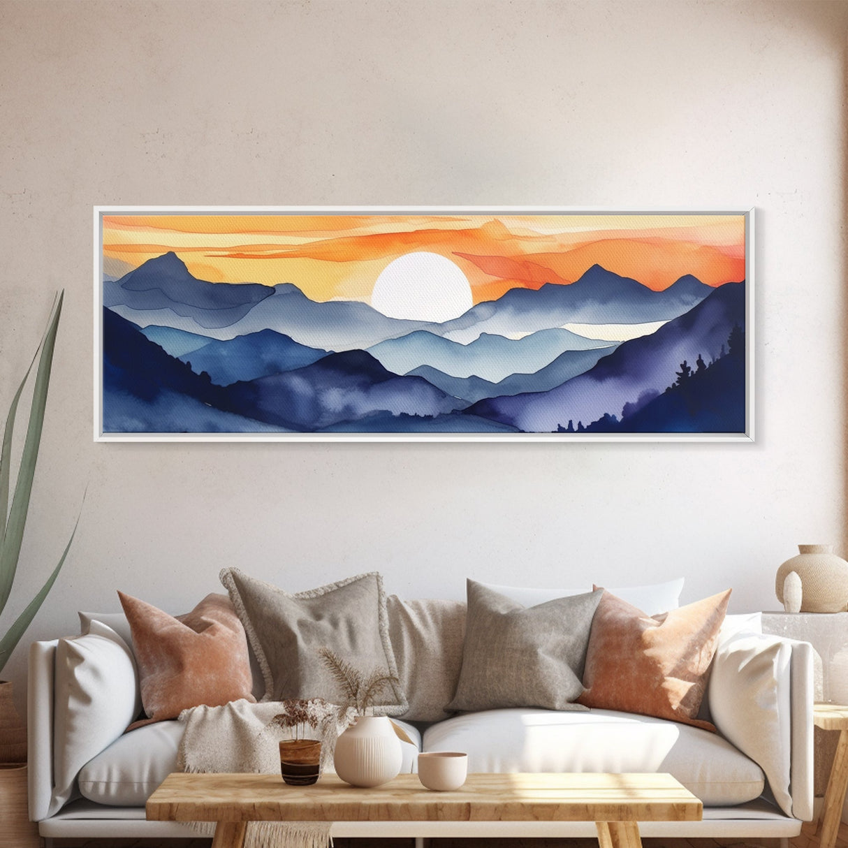Midcentury Modern Watercolor Painting of a Mountain Sunset, Large Canvas Print, Mountain Artwork, Guest Room Art, Mountain Print, Panoramic