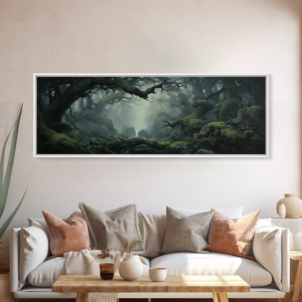 In The Forest - Ready To Hang Panoramic Foggy Pine Forest Canvas Wall Art, Nature Wall Art, Misty Green Forest Print, Modern Home Decor
