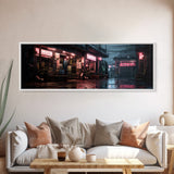 Panoramic Tokyo Streets Wall Art, Framed Canvas Print, Retro Style Japanese Painting, Winter Decor, Panoramic Art, office décor, room décor