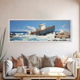 Man Vs. Ocean, Tugboat Crashing On The Rockets, Framed Canvas Print, Nautical Decor, Nautical Centerpiece