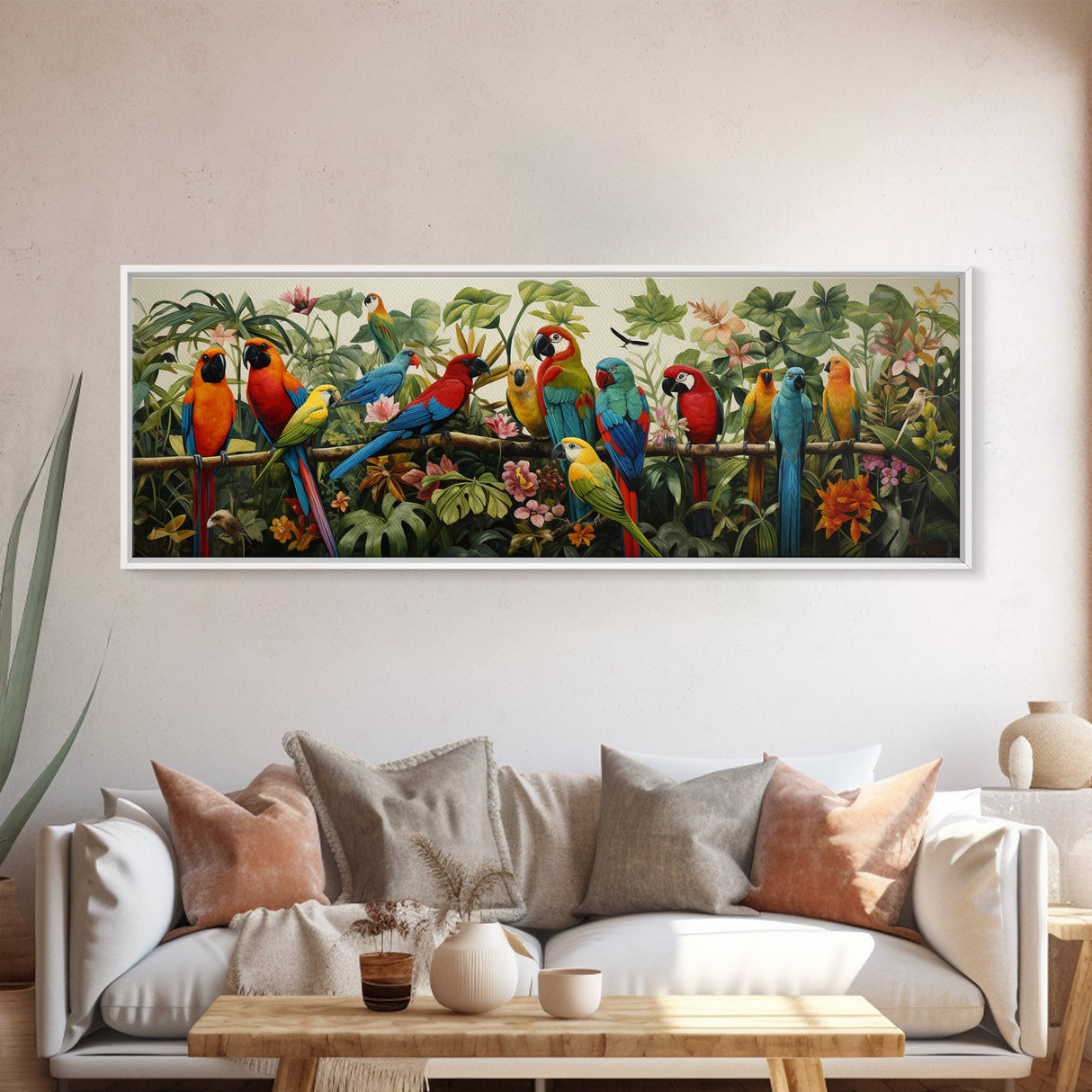 Birds Of Paradise, Parrot Print, Tropical Art, Framed Canvas Print, Beautiful Above Sofa Wall Art, Guest Room Decor