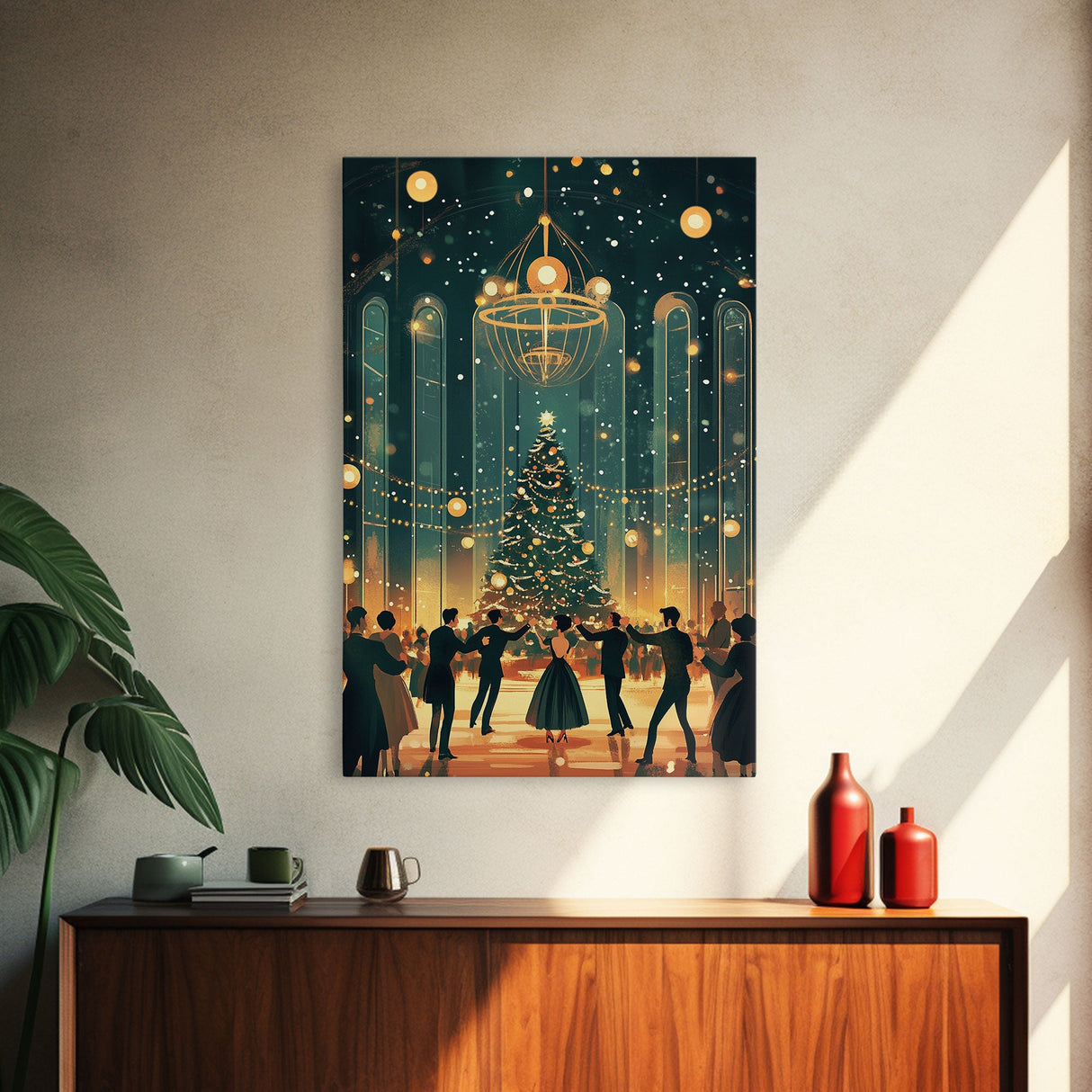Elegant Ballroom Christmas Dance Scene with Holiday Lights and Decorations, Perfect Holiday Decor for Winter Wonderland, Framed Canvas Print