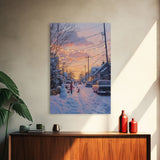 Cozy Neighborhood Christmas Evening with Snowmen and Festive Lights, Perfect for Framed Canvas Print and Holiday Wall Art