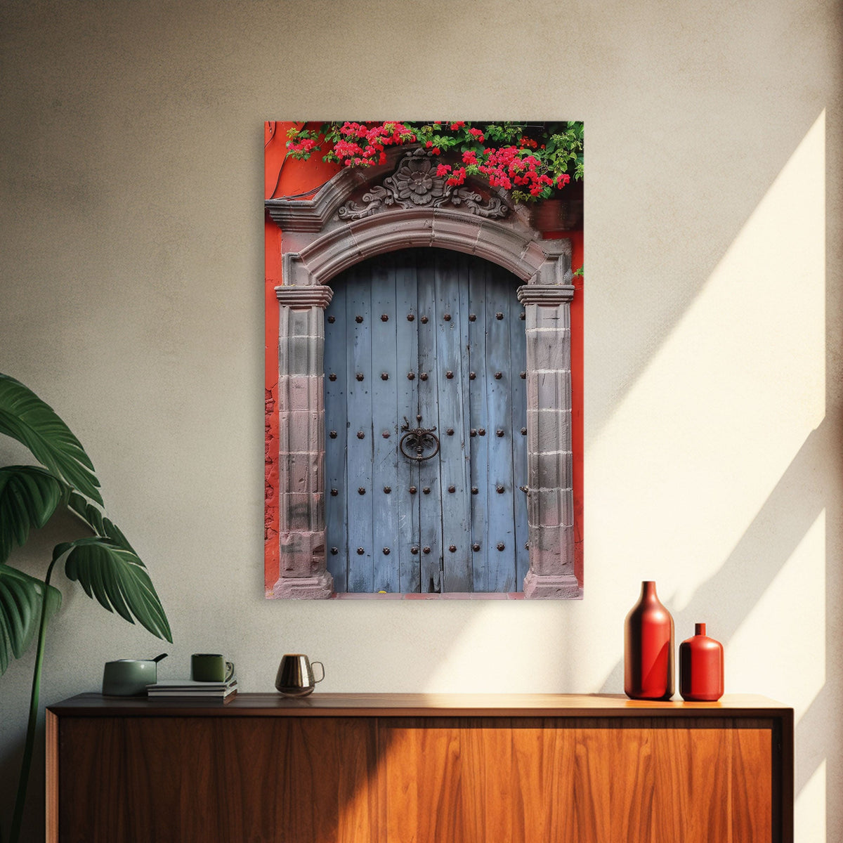 Mexican Style Colorful Architecture Framed Canvas Print Tall Art Depicting Traditional Blue Doors