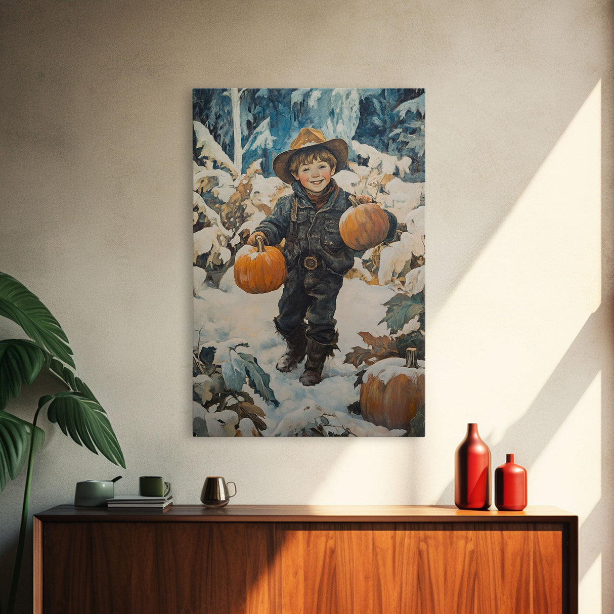 Cowboy Christmas Decor Framed Canvas Print with Pumpkin in Snow, Rustic Holiday Home Wall Art and Seasonal Gift Idea 2024