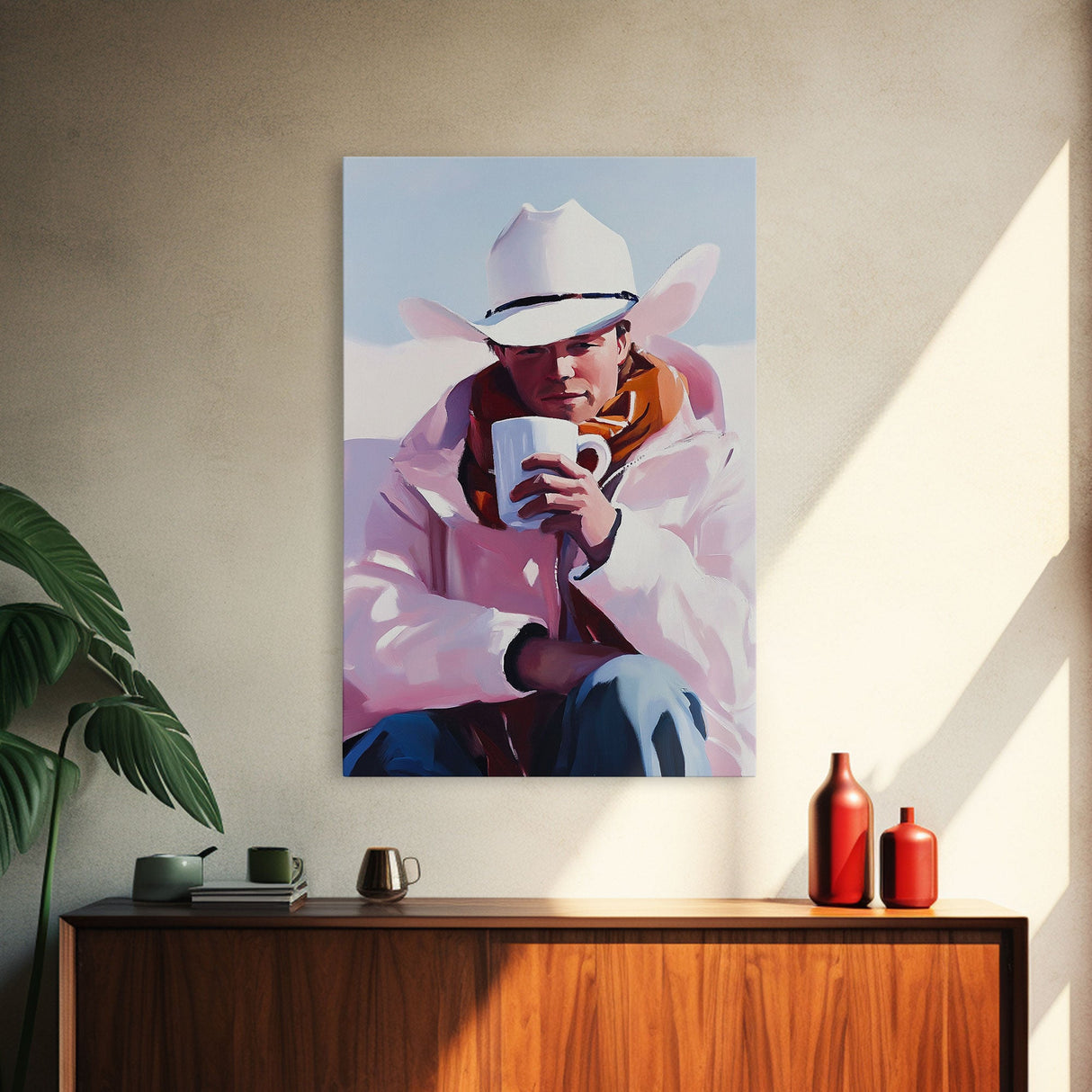 Cowboy with Mug in Snow Framed Canvas Print - Winter Country Scene Art Best 2024 Christmas Wall Decor Gift Idea