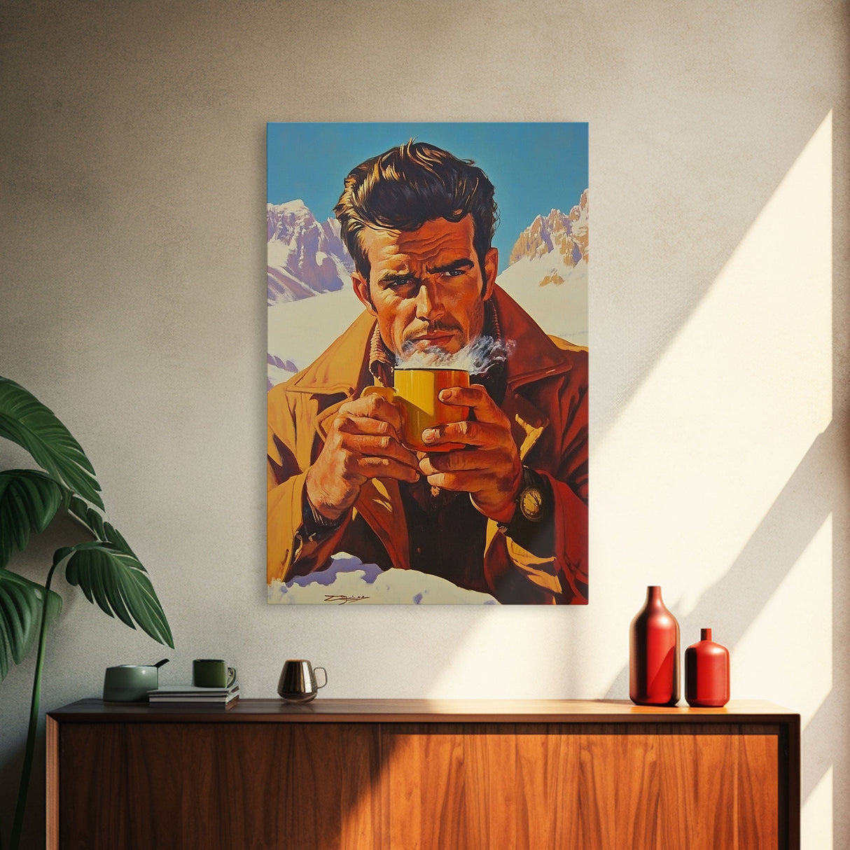 Cowboy Drinking Coffee in Winter Cabin Framed Canvas Print - Cozy Christmas Wall Art 2024 Rustic Holiday Decor