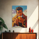 Cowboy Drinking Coffee in Winter Cabin Framed Canvas Print - Cozy Christmas Wall Art 2024 Rustic Holiday Decor