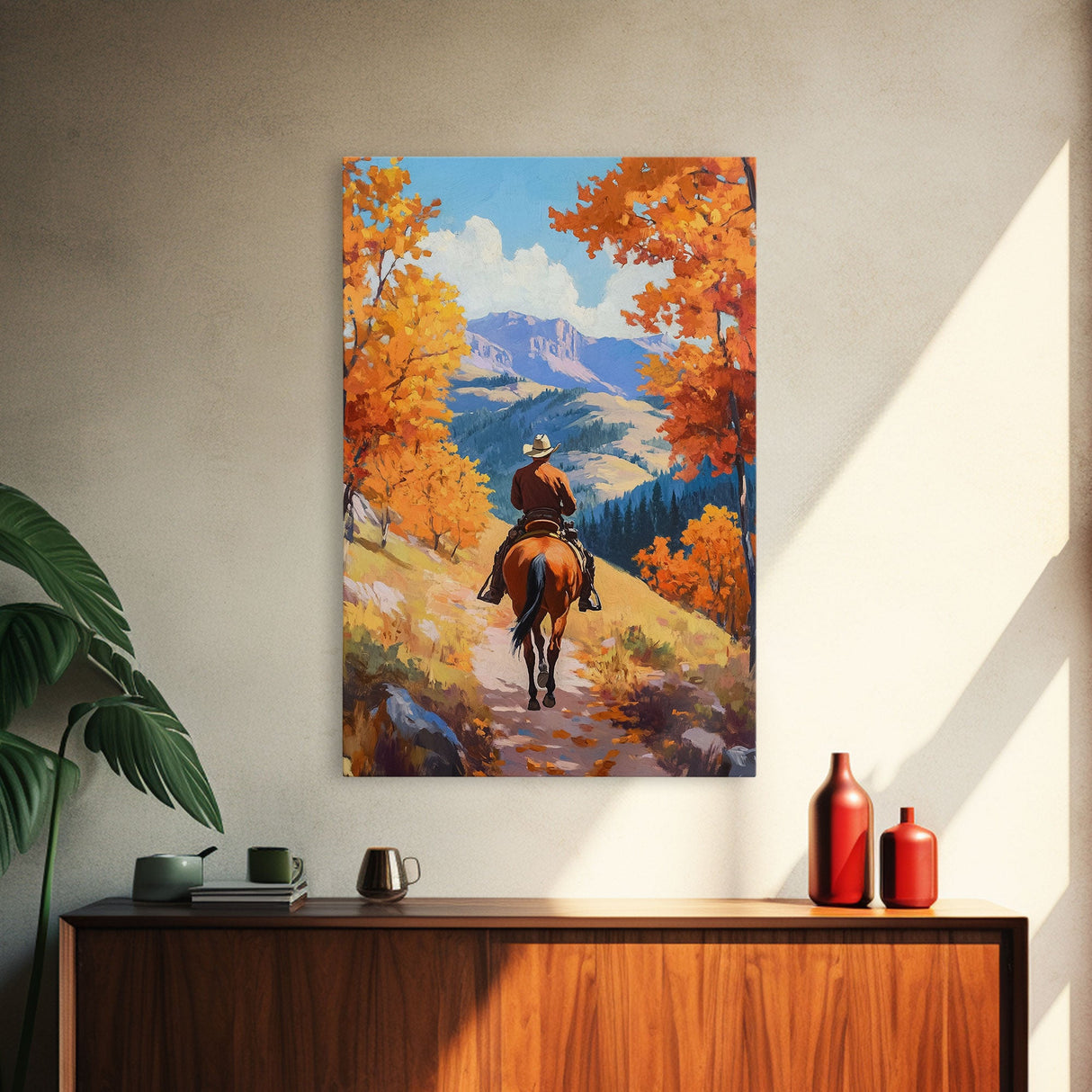 Cowboy Riding Through Autumn Mountains Framed Canvas Print Fall Landscape Art Christmas Decor Seasonal Wall Art Cowboy Christmas Gift Idea