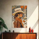 Snowy Cowgirl in Fall Scene Canvas Print, Seasonal Holiday Art, Rustic Christmas Decor, Farmhouse Wall Art, Winter Wonderland Wall Print