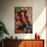 Fall Cowgirl Enjoying Her Swing, Framed Canvas Print, Autumn Decor, Cute Wall Art Gift Idea