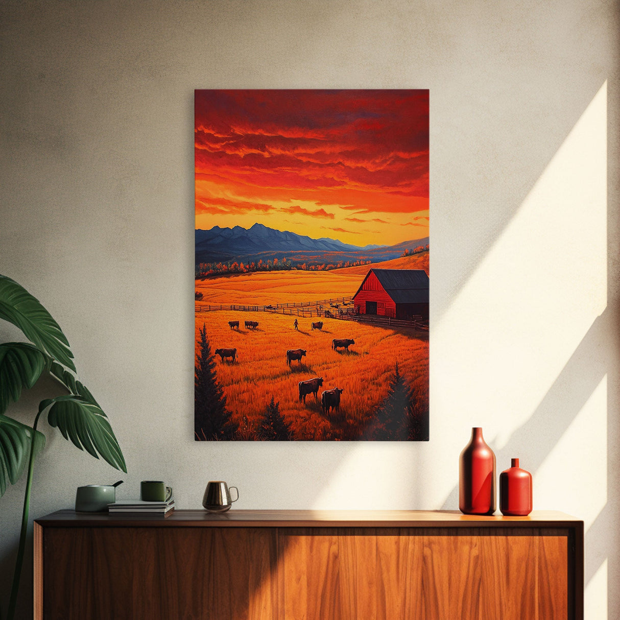 Golden Fields and Barn Framed Canvas Print, Pastoral Landscape with Mountains Grazing Cows, Rustic Fall Wall Art Farmhouse Ranch Style Decor