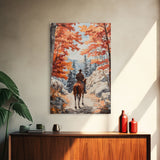 Cowboy riding through autumn forest, Framed Canvas Print, fall landscape wall art, western style decor for cozy homes, perfect gift idea