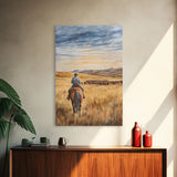 Cowboy leading cattle across golden prairie, Framed Canvas Print, western landscape wall art for rustic farmhouse decor, gift idea holiday
