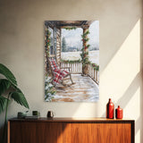 Farmhouse porch decorated with garland and cozy rocking chair, Framed Canvas Print winter decor idea for rustic home Christmas wall art