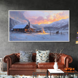Cozy Snowy Log Cabin Tall Art Framed Canvas Print Winter Home Decor With Warm Fireplace And Horse Rider Under A Beautiful Sunset Scene